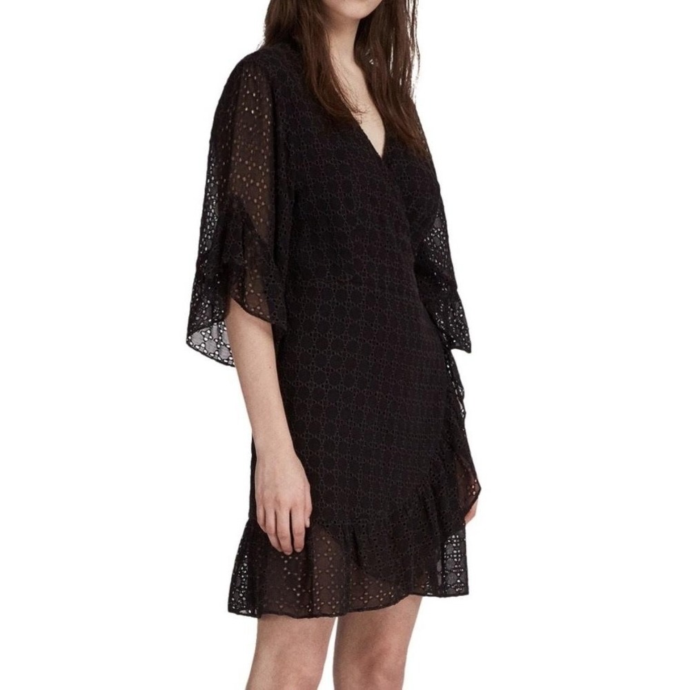 AllSaints Marlow Ette Dress Womens 8 Black Lace Eyelet Wrap Mini Belted V Neck